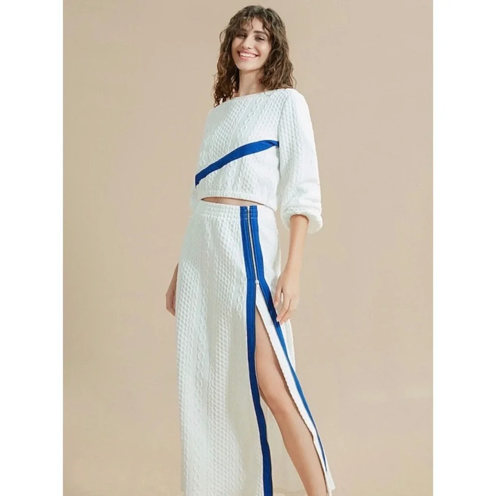 Ador White Cable Knit 2 Piece‎ Maxi Skirt Set Blue Stripe Side Zip Large NWT